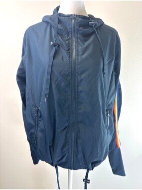 Zyia Active Women's Windbreaker Running Jacket Medium Navy Rainbow Trim Active